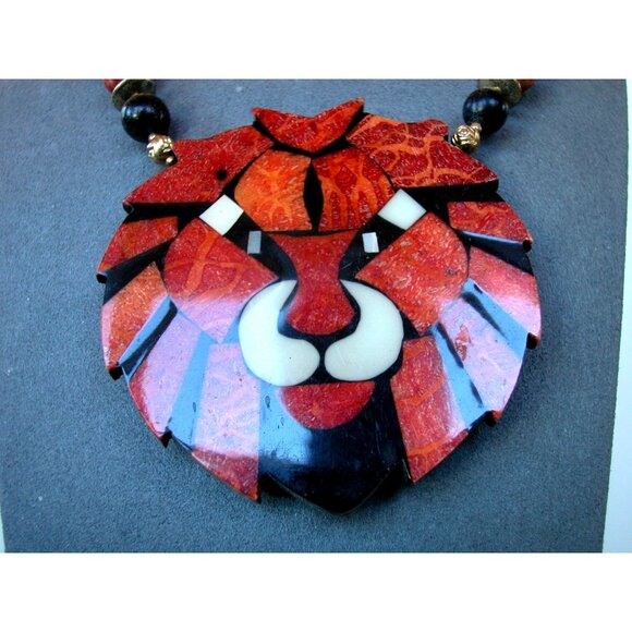 Lion Head Inlay Necklace By Lee Sands 22" - Picture 2 of 3